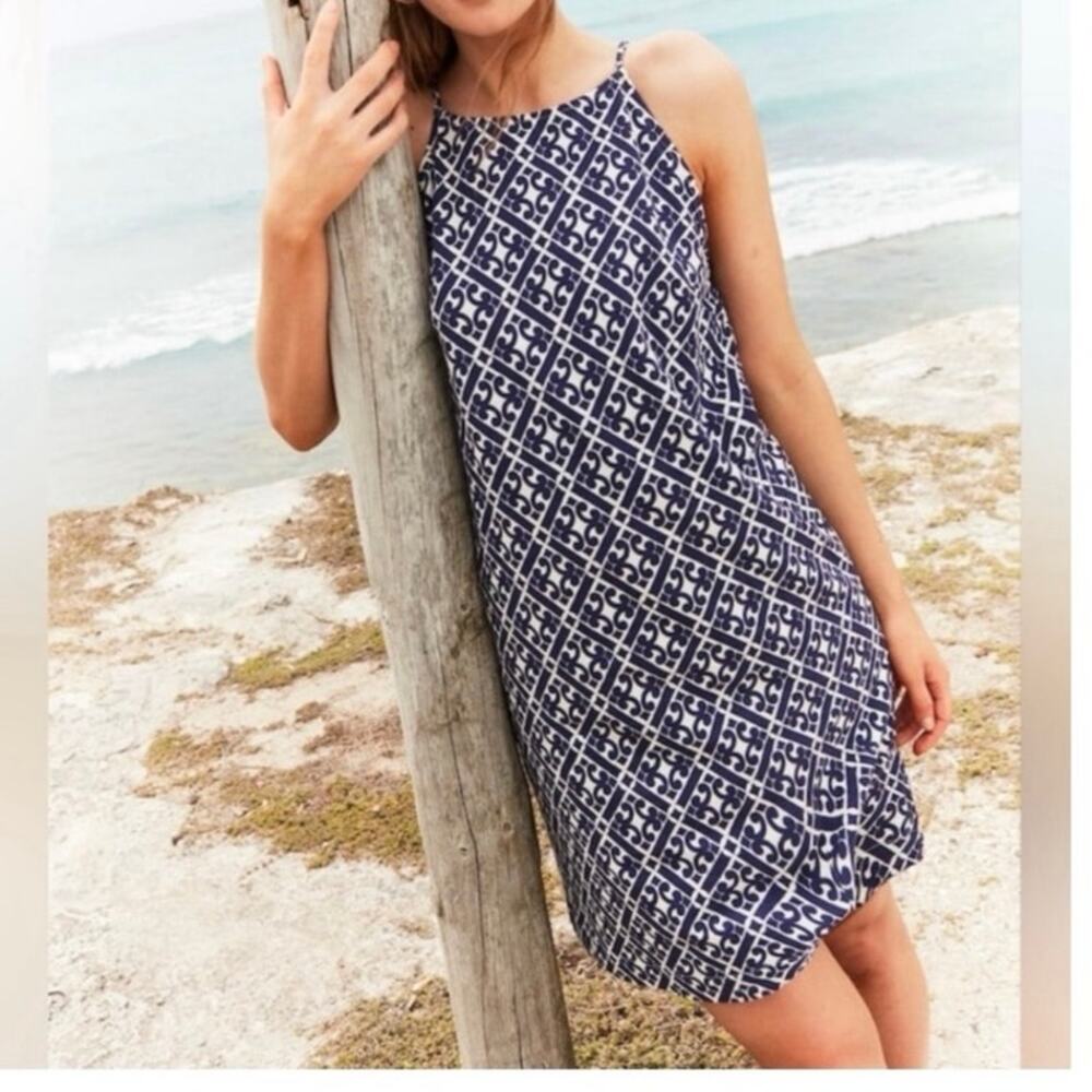 NWOT Women’s Boden Racer Neck Mini Dress in Blue/White Geometric Print SZ 12